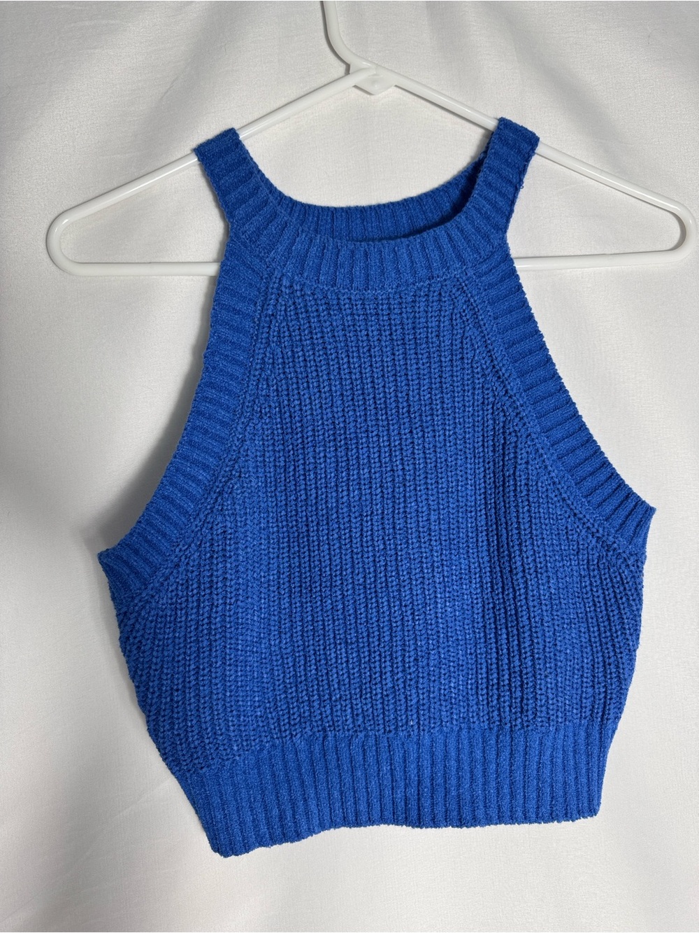 Austen & Brown Cobalt Blue Ribbed Knit High Neck Halter Crop Tank Top Medium